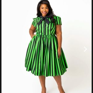 Green and Black Striped Button Up Swing Dress